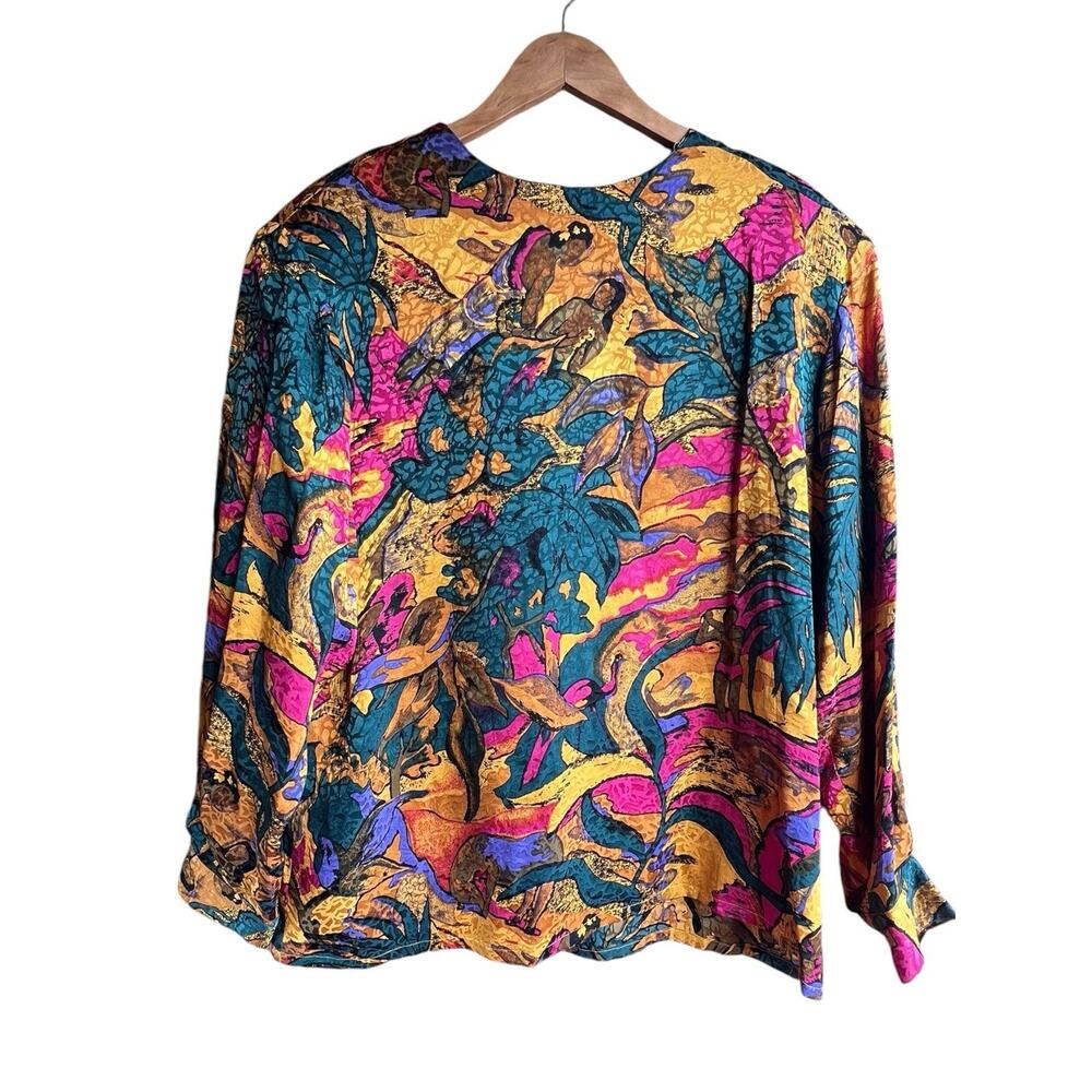 Don Caster VTG 80 90’s Abstract Novelty Silk Colorful Blouse SZ 16 Shoulder Pads